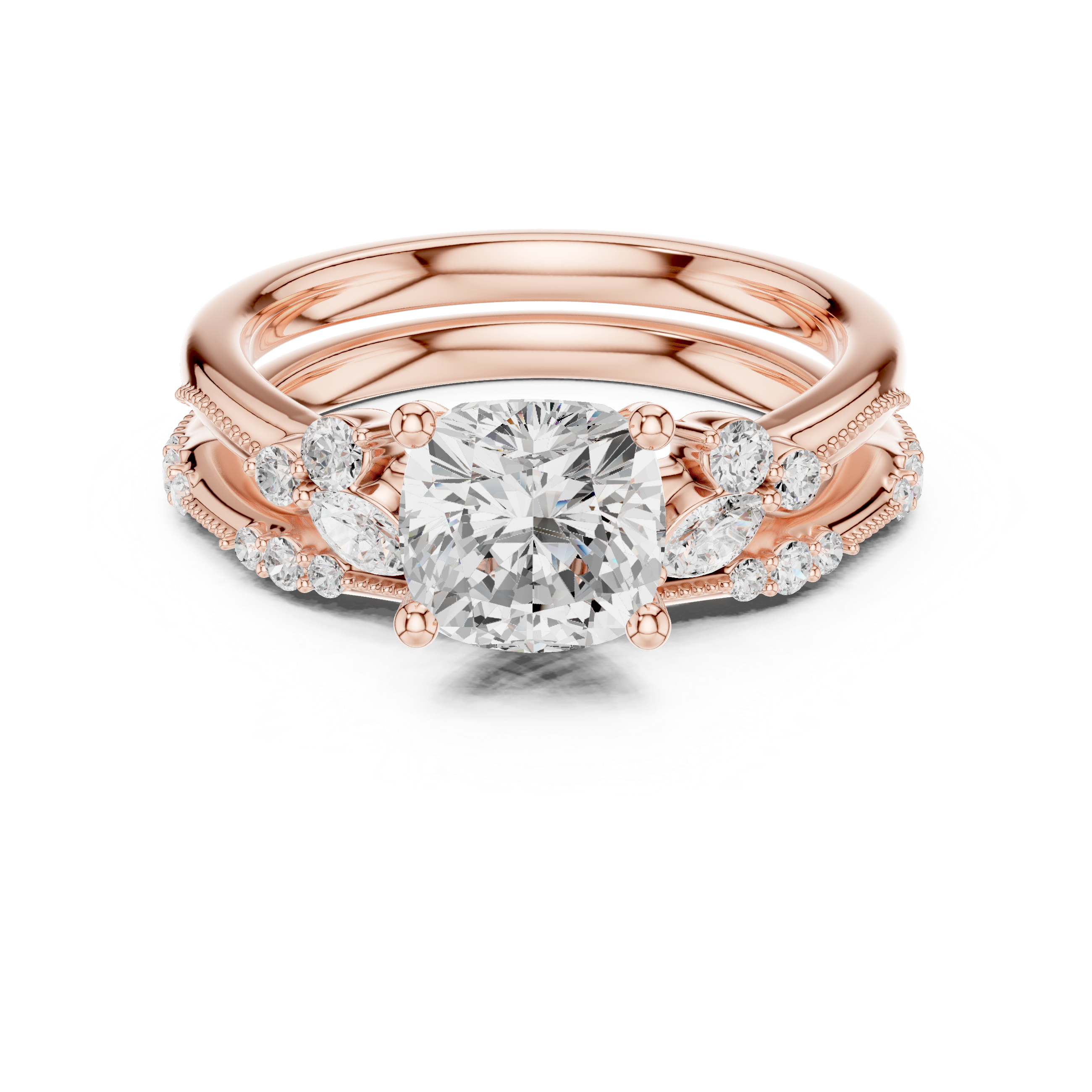 Cushion Cut Diamond Engagement Ring with Marquise and Pavé Stack Band
