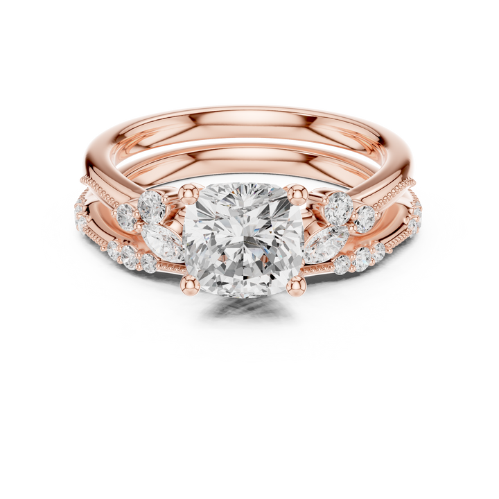 Cushion Cut Diamond Engagement Ring with Marquise and Pavé Stack Band