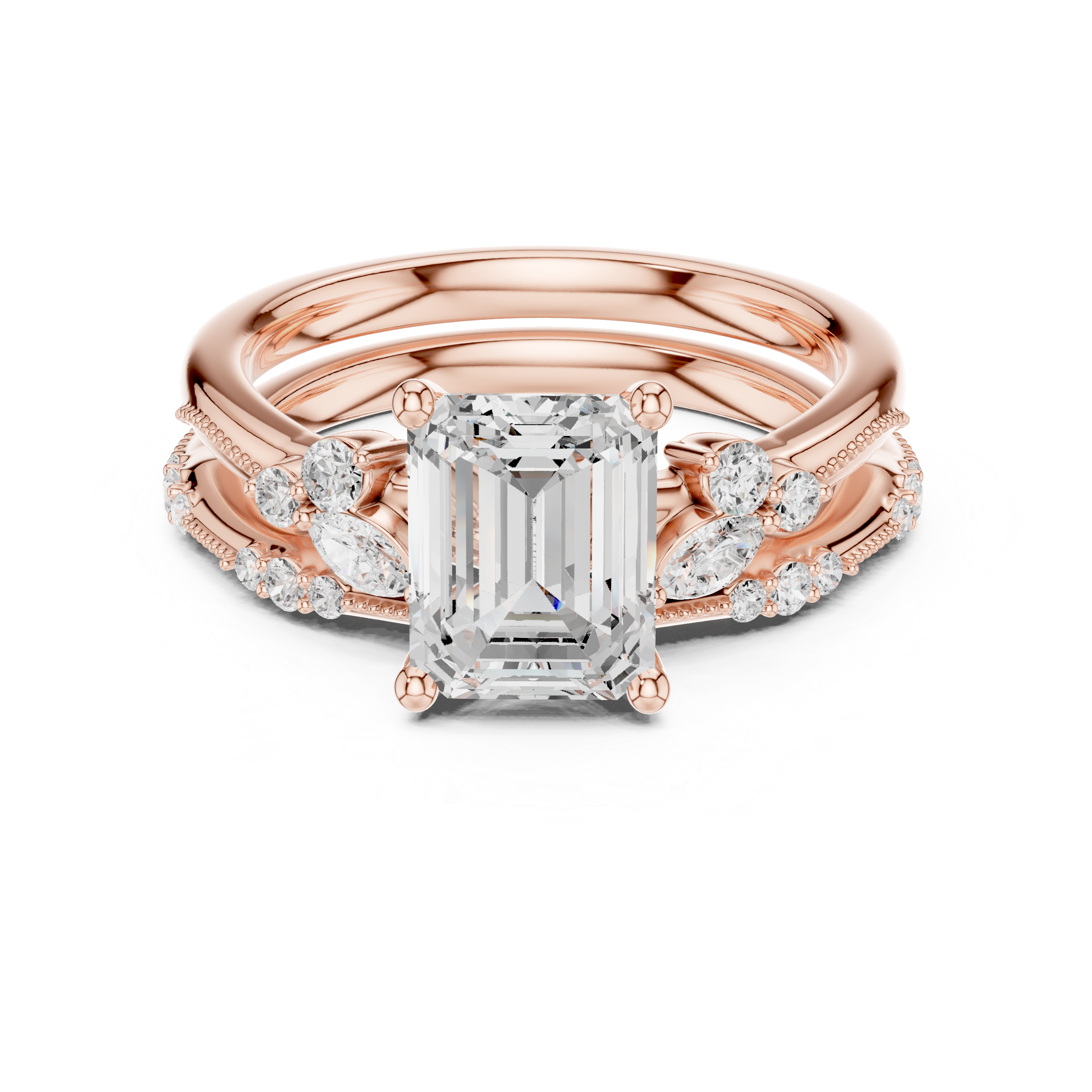 Emerald Cut Diamond Engagement Ring with Marquise and Pavé Stack Band