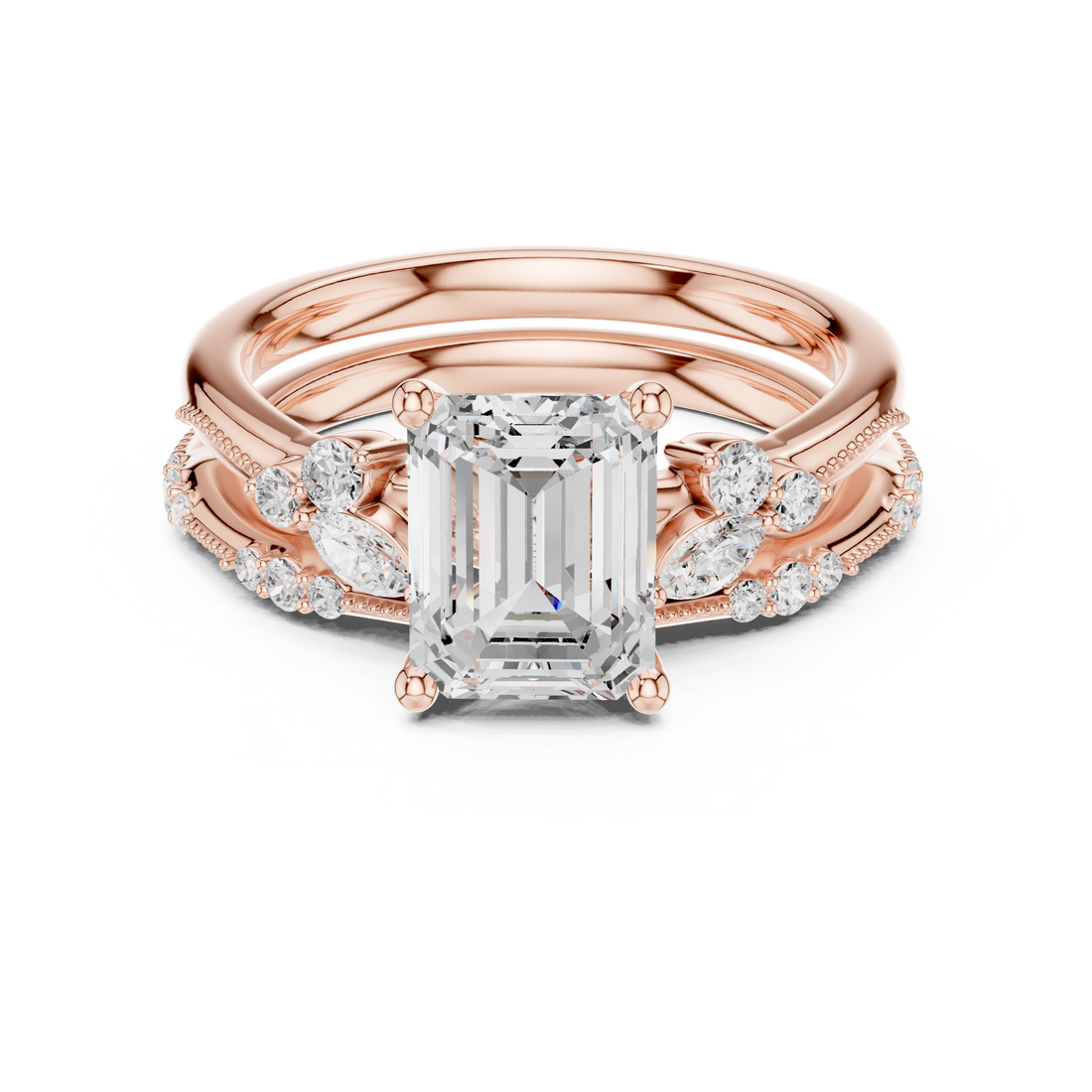Emerald Cut Diamond Engagement Ring with Marquise and Pavé Stack Band