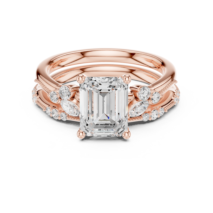 Emerald Cut Diamond Engagement Ring with Marquise and Pavé Stack Band
