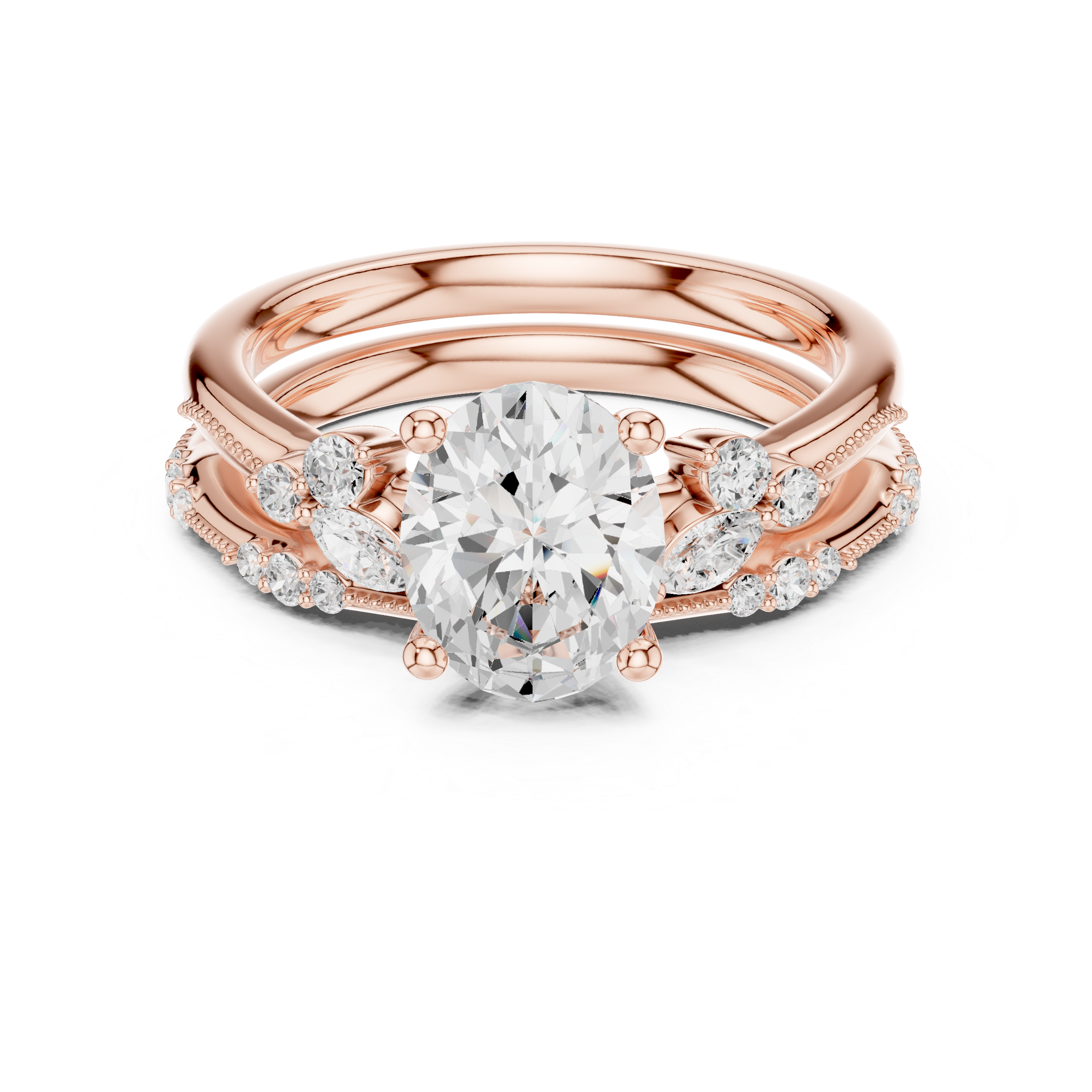 Oval Cut Diamond Three Stone Engagement Ring Set with Marquise and Round Accents