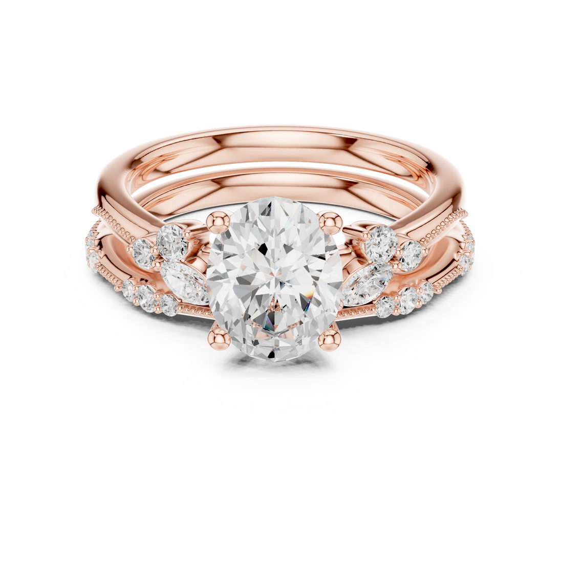 Oval Cut Diamond Three Stone Engagement Ring Set with Marquise and Round Accents
