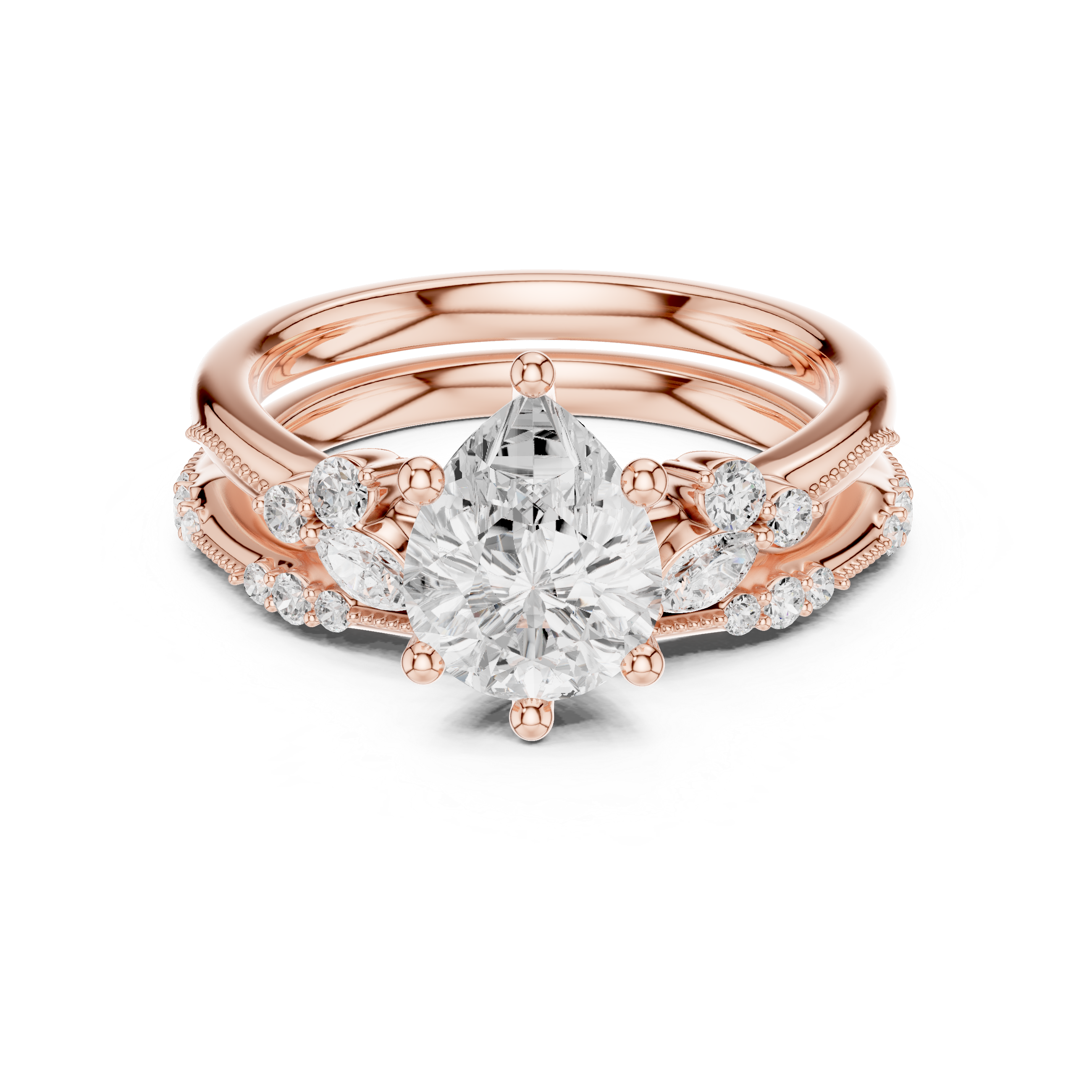 Pear Cut Diamond Solitaire Ring with Marquise Side Stones and Pavé Band