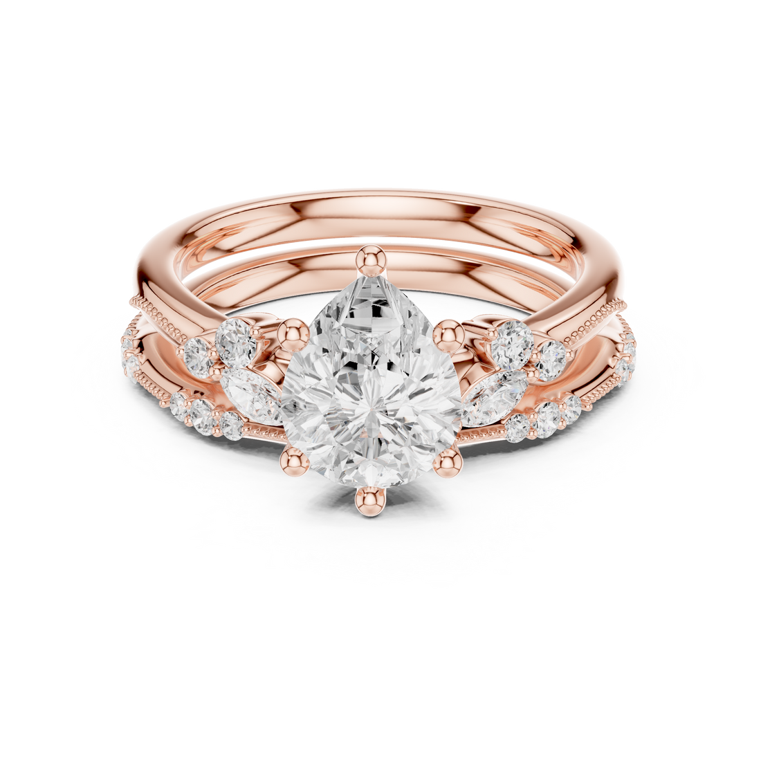 Pear Cut Diamond Solitaire Ring with Marquise Side Stones and Pavé Band