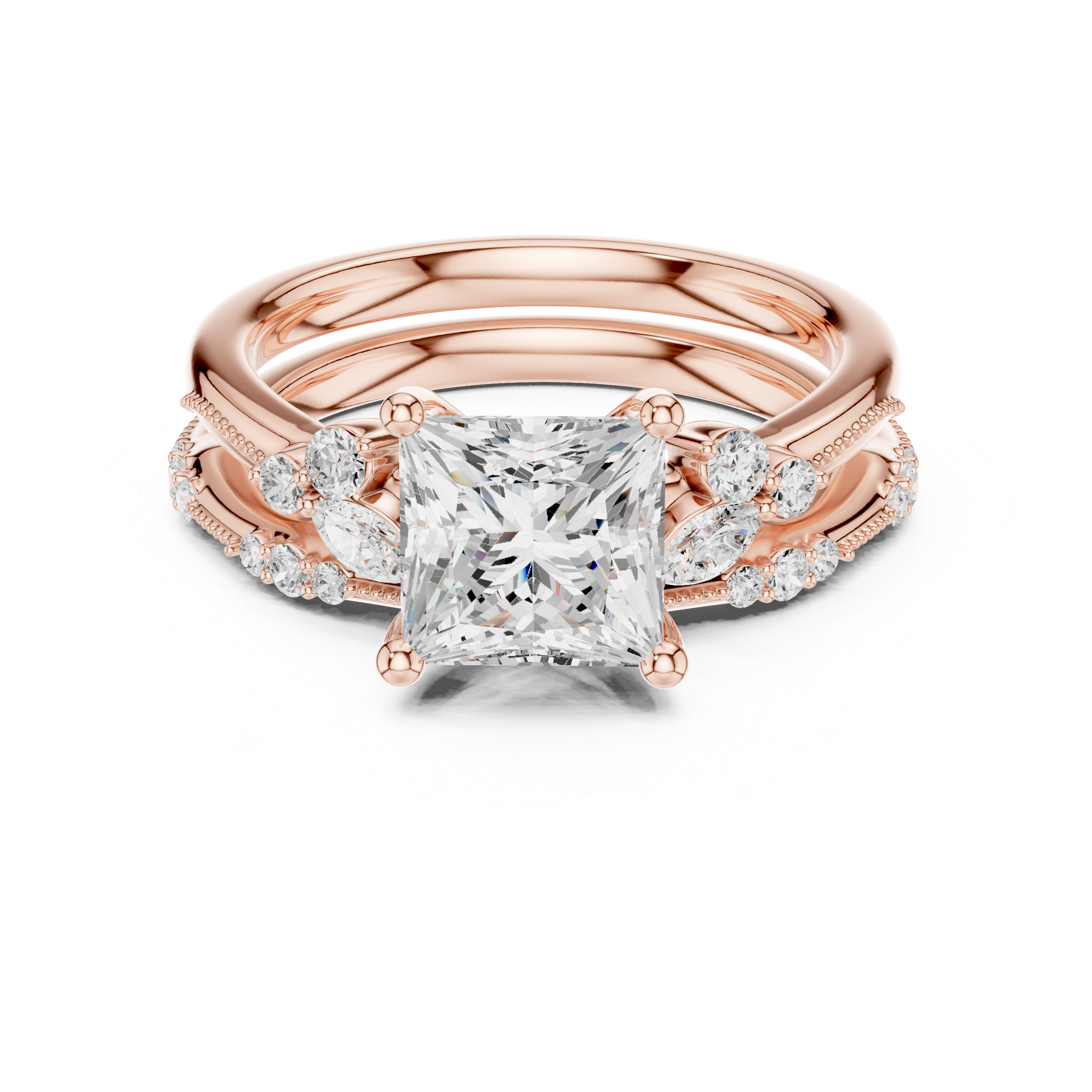 Princess Cut Diamond Stackable Bridal Set with Marquise and Round Side Stones