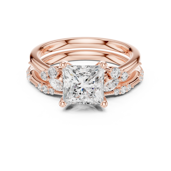 Princess Cut Diamond Stackable Bridal Set with Marquise and Round Side Stones