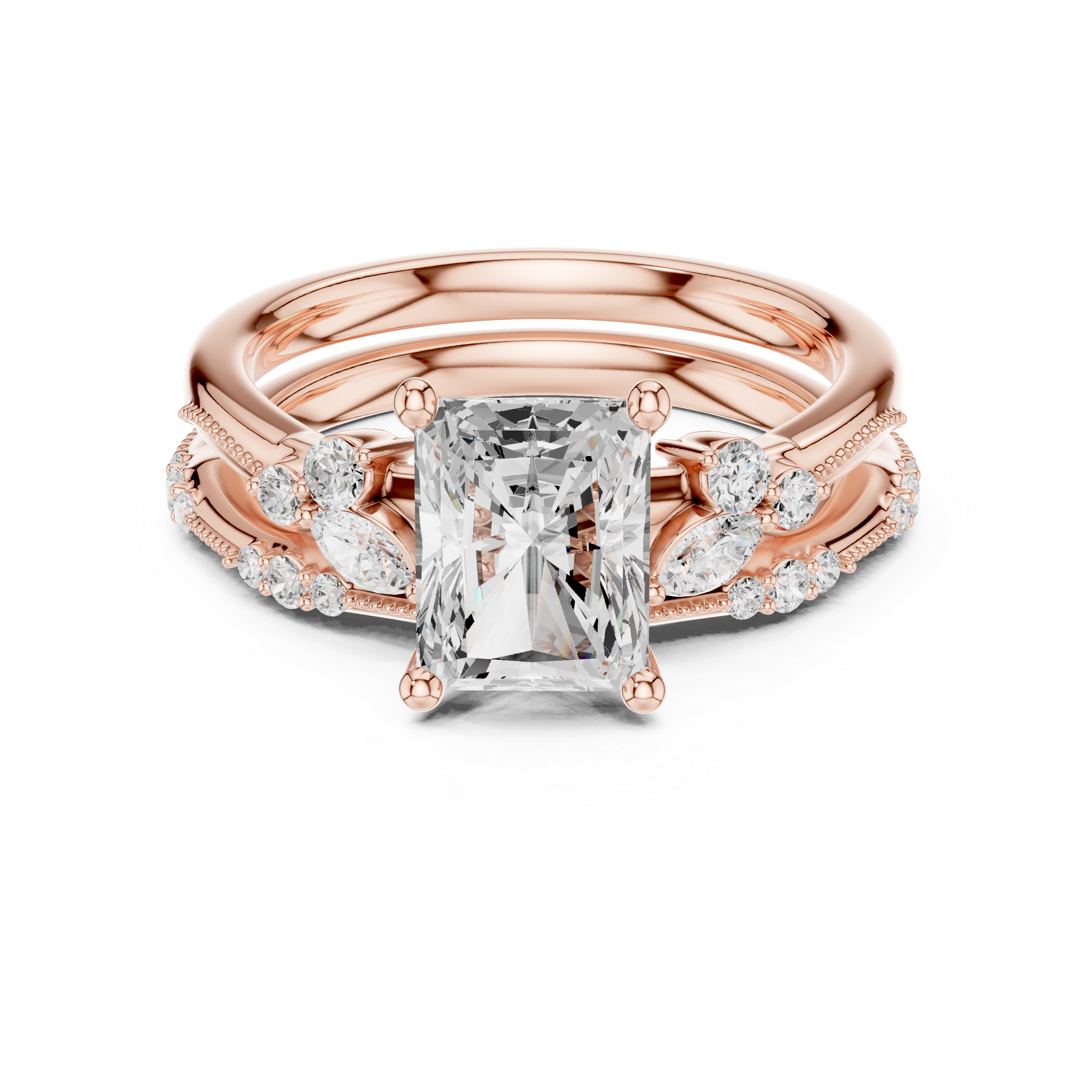 Radiant Cut Diamond Engagement Ring with Marquise and Pavé Stack Band