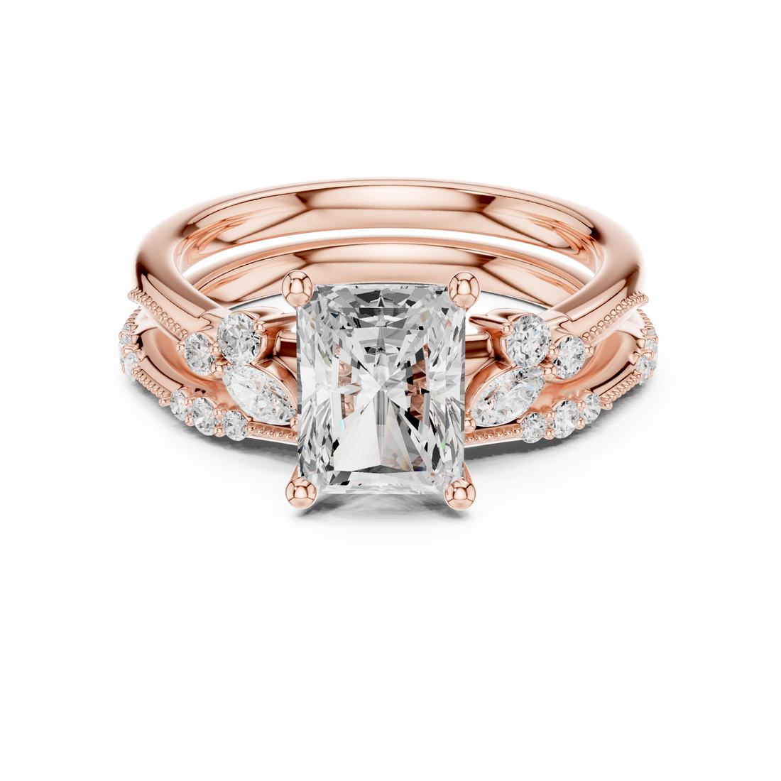 Radiant Cut Diamond Engagement Ring with Marquise and Pavé Stack Band