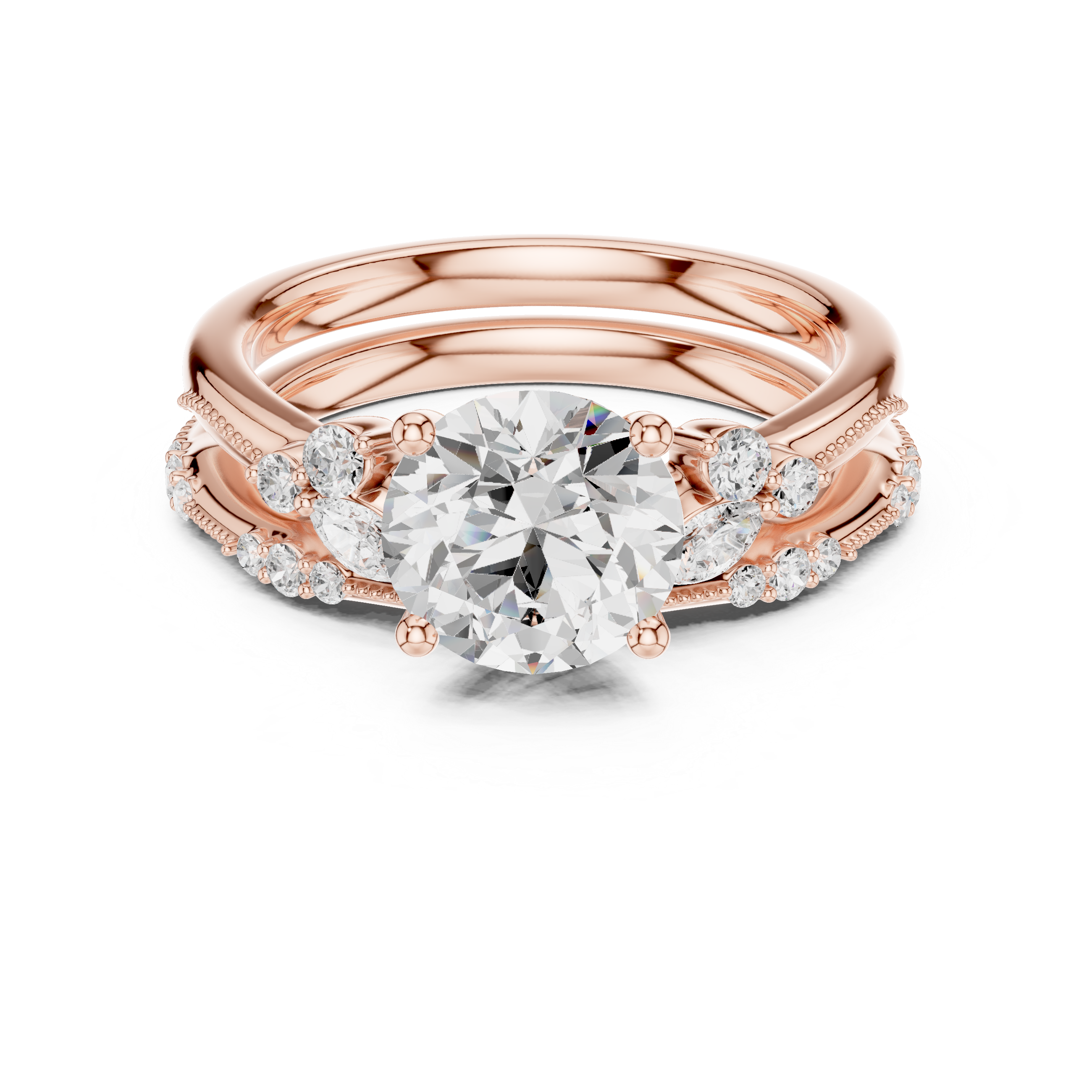 Round Cut Diamond Three Stone Engagement Ring Set with Marquise Accents and Pavé Band Design