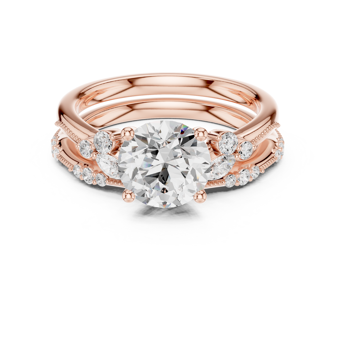Round Cut Diamond Three Stone Engagement Ring Set with Marquise Accents and Pavé Band Design