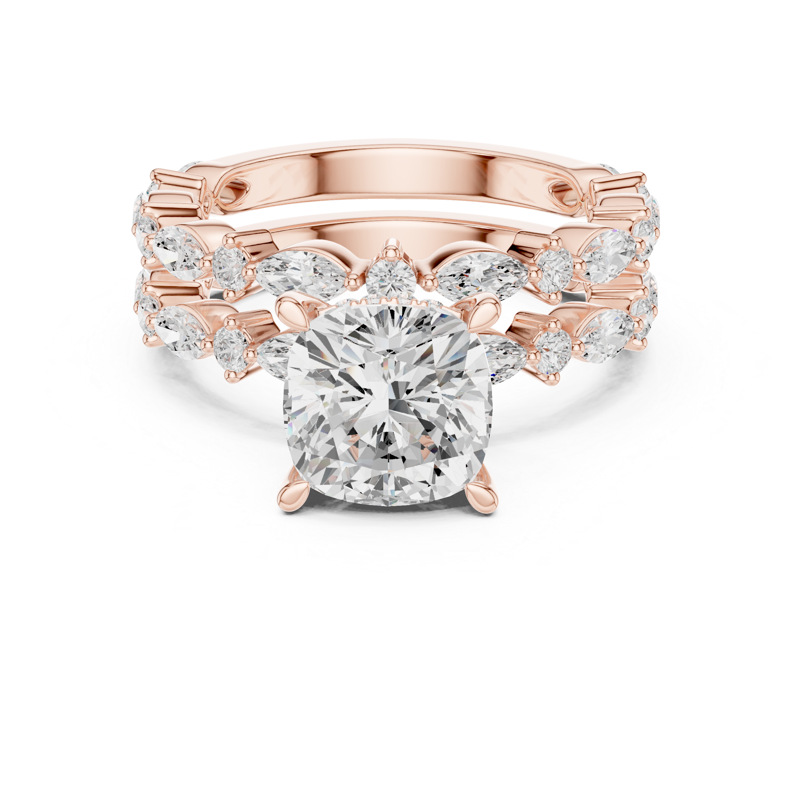 Minimalist Style Cushion Cut Diamond Solitaire Ring with Marquise Accent Stackable Bands perfect for everyday elegant simple wear