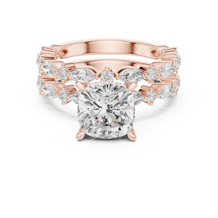 Minimalist Style Cushion Cut Diamond Solitaire Ring with Marquise Accent Stackable Bands perfect for everyday elegant simple wear