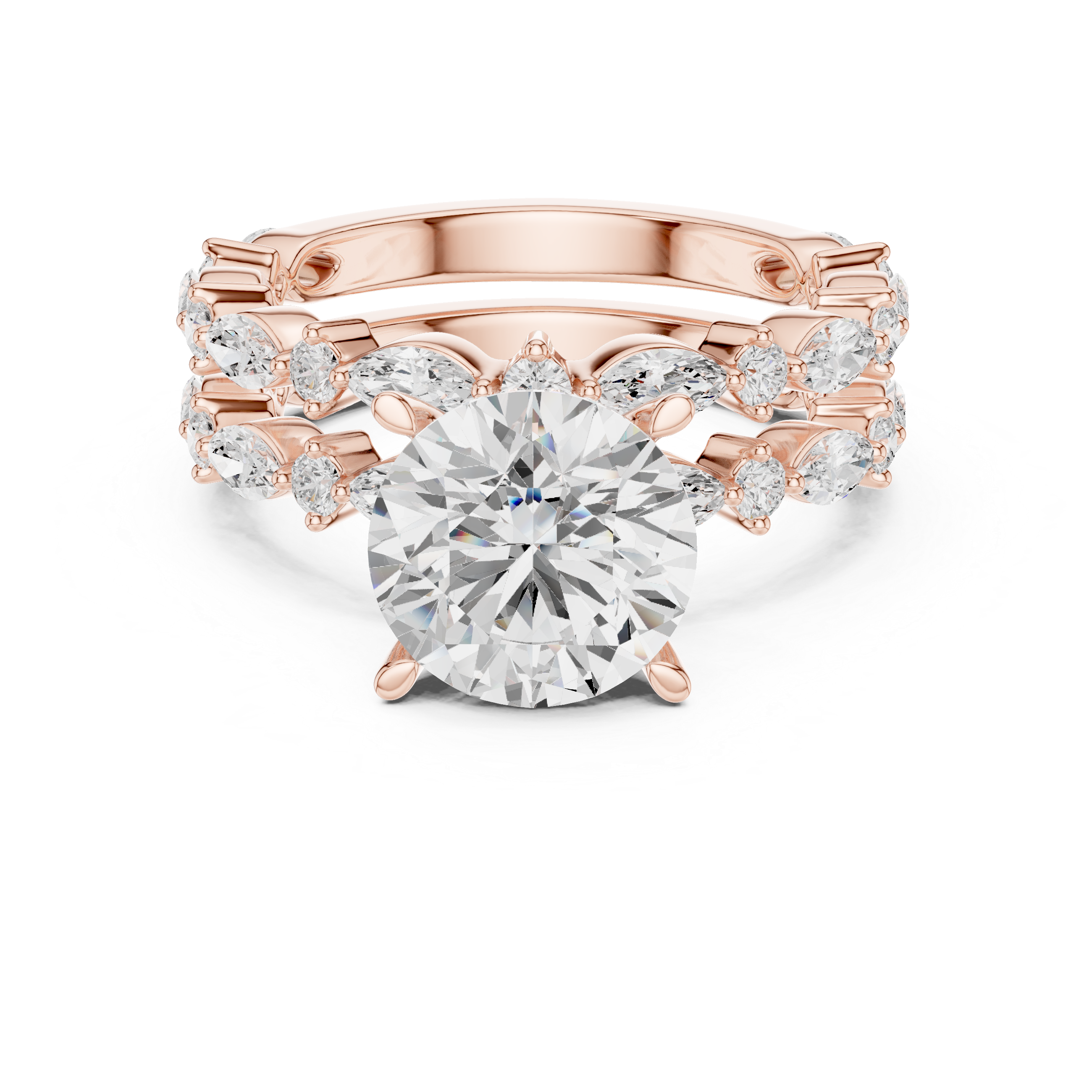 Round Brilliant Diamond Solitaire Ring with Marquise Accent Stackable Bands