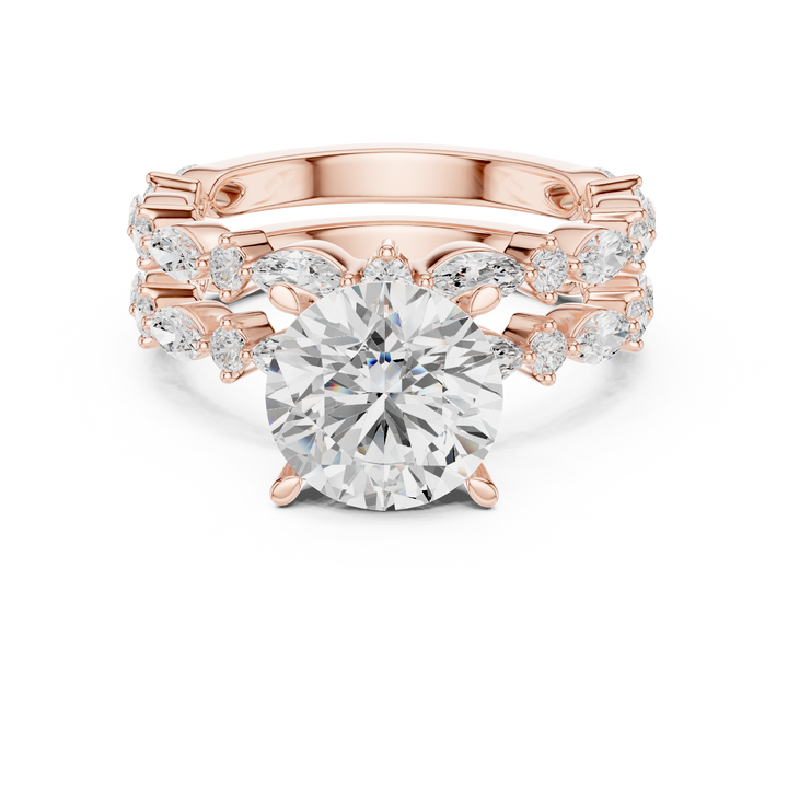 Round Brilliant Diamond Solitaire Ring with Marquise Accent Stackable Bands