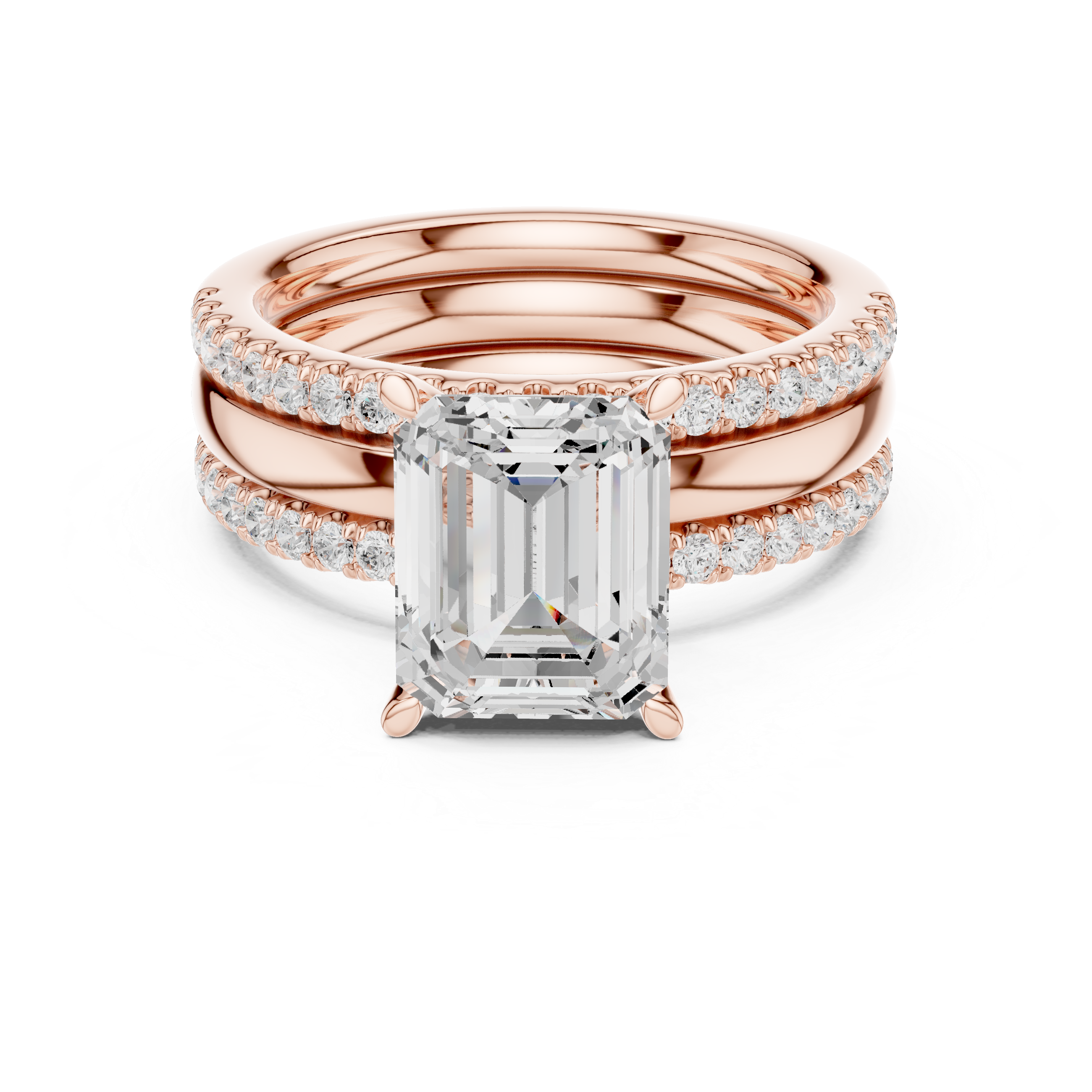 Minimalist Style Emerald Cut Diamond Engagement Ring with Double Pavé Stackable Band Set perfect for everyday elegant simple wear