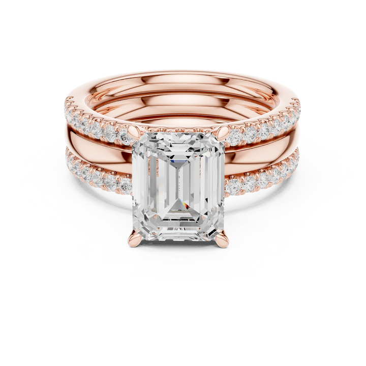 Minimalist Style Emerald Cut Diamond Engagement Ring with Double Pavé Stackable Band Set perfect for everyday elegant simple wear