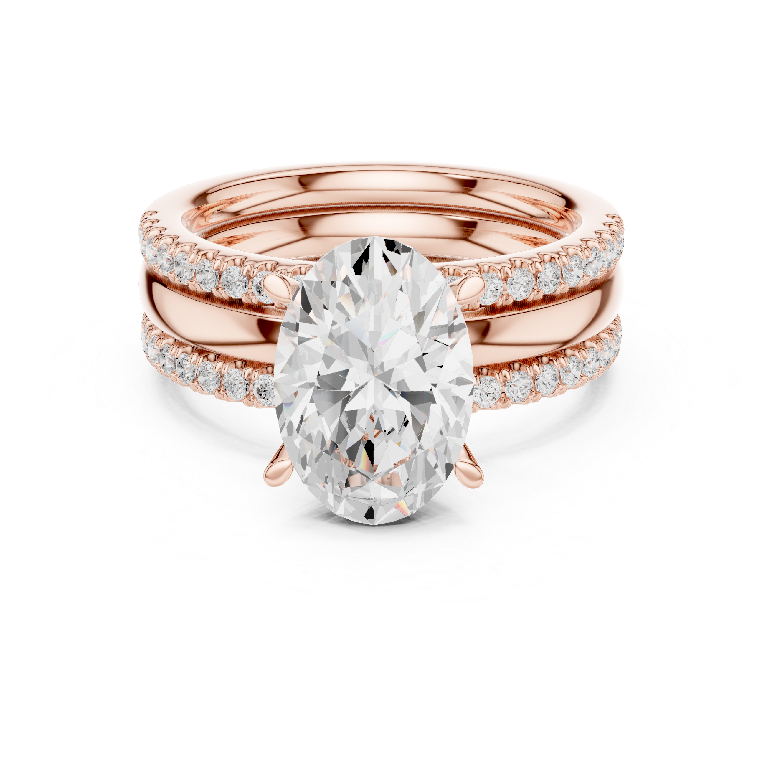 Oval Cut Diamond Engagement Ring with Double Pavé Side Stone Bands and Elegant Multi-Band Design