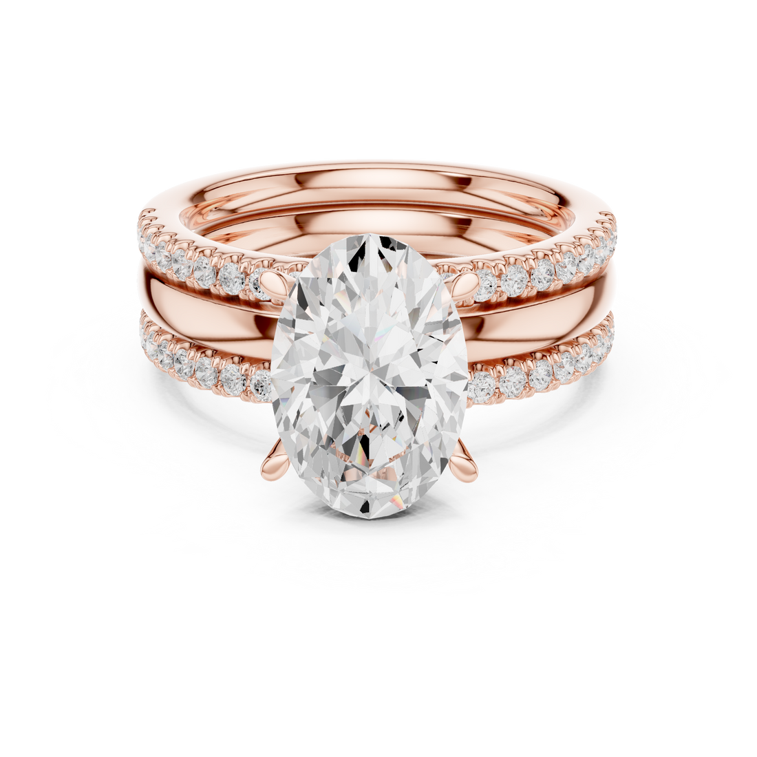 Oval Cut Diamond Engagement Ring with Double Pavé Side Stone Bands and Elegant Multi-Band Design