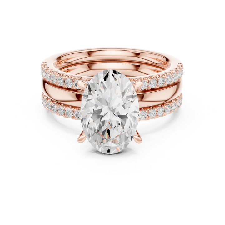 Oval Cut Diamond Engagement Ring with Double Pavé Side Stone Bands and Elegant Multi-Band Design
