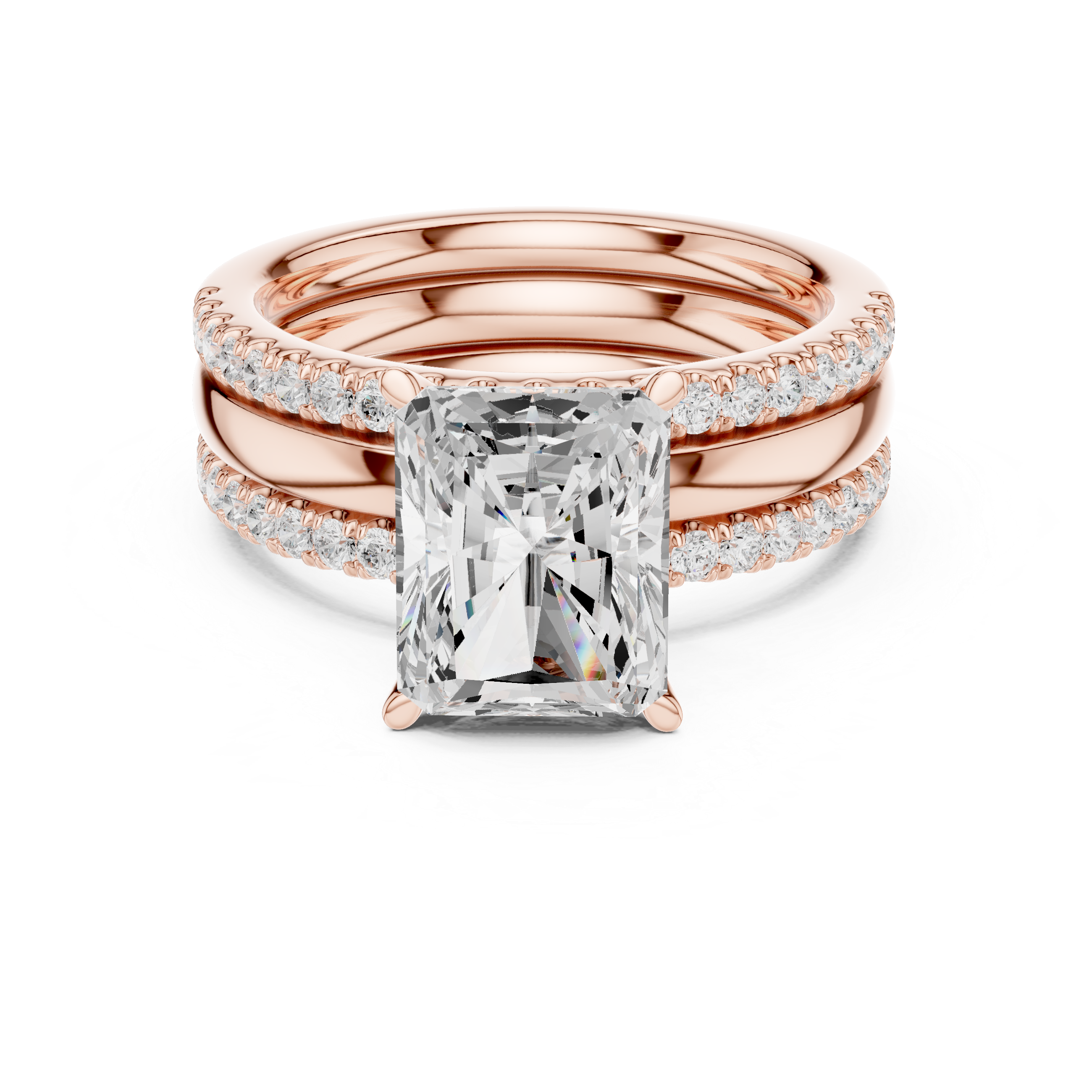 Minimalist Style Radiant Cut Diamond Engagement Ring with Double Pavé Band Bridal Set perfect for everyday elegant simple wear