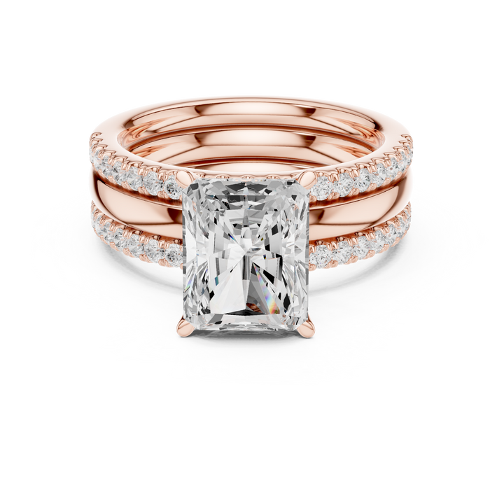 Minimalist Style Radiant Cut Diamond Engagement Ring with Double Pavé Band Bridal Set perfect for everyday elegant simple wear