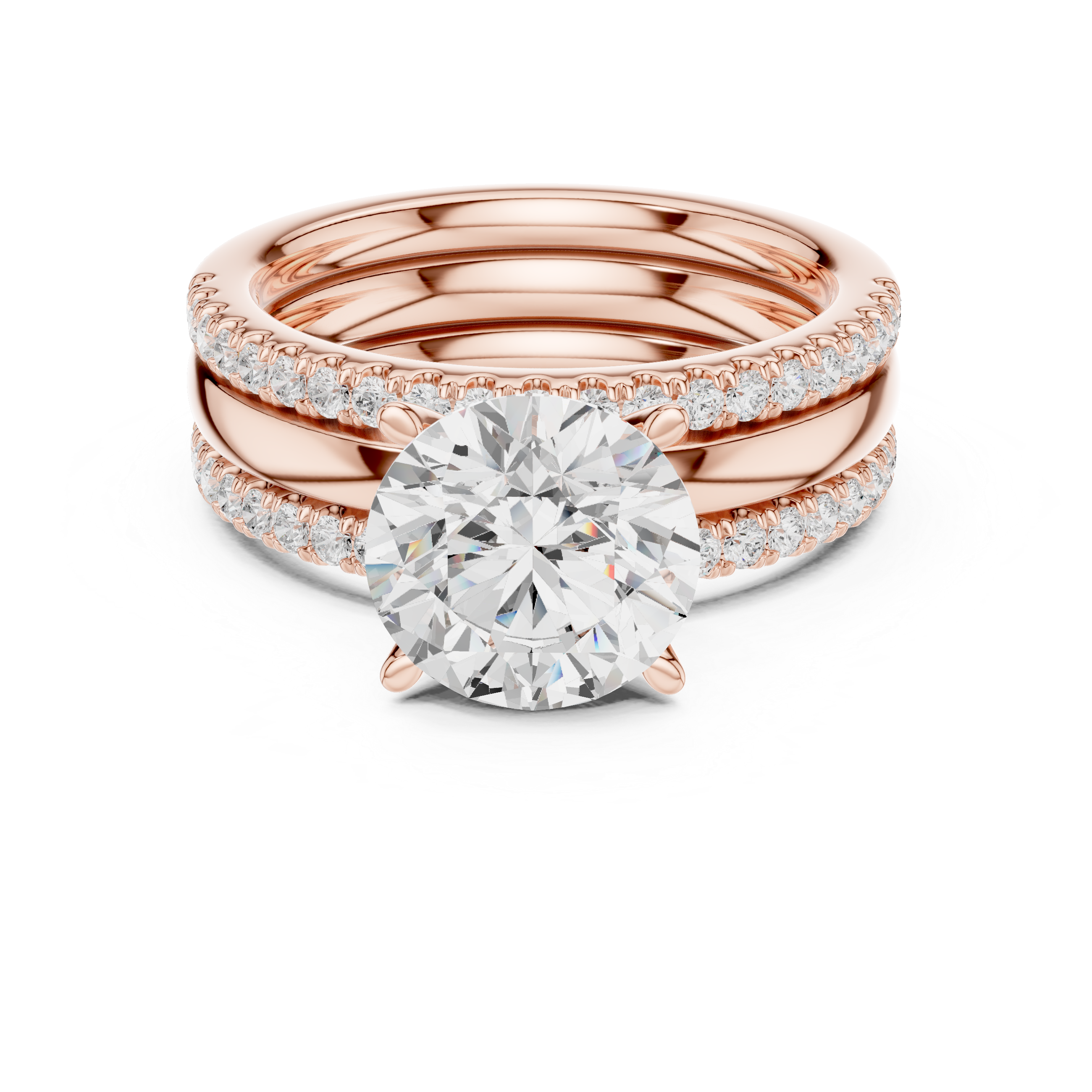 Round Brilliant Diamond Solitaire Ring with Double Pavé Band Stackable Set