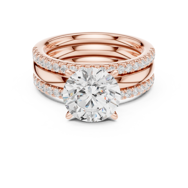 Round Brilliant Diamond Solitaire Ring with Double Pavé Band Stackable Set