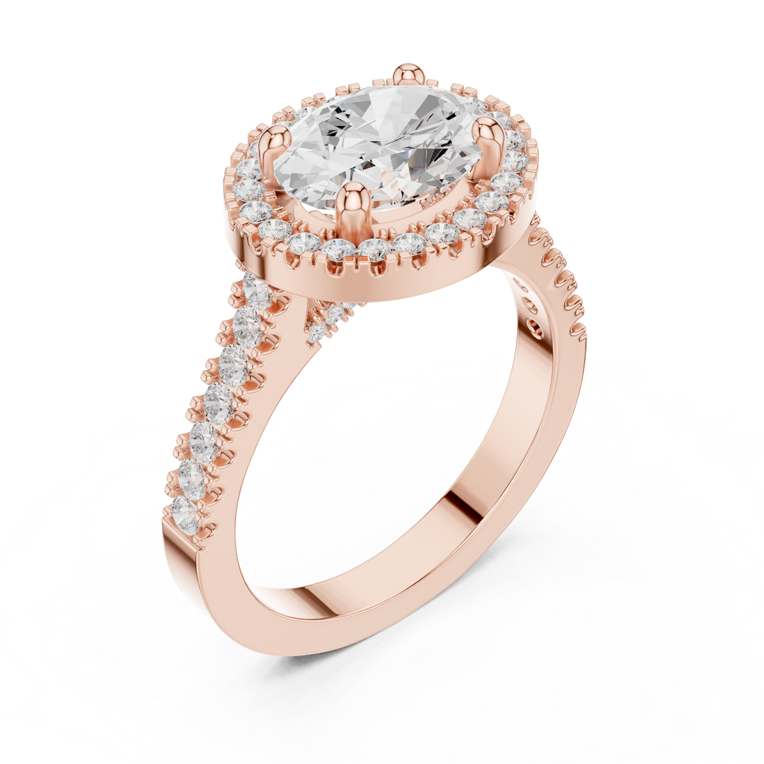 Classic halo diamond ring with sparkling side stones.