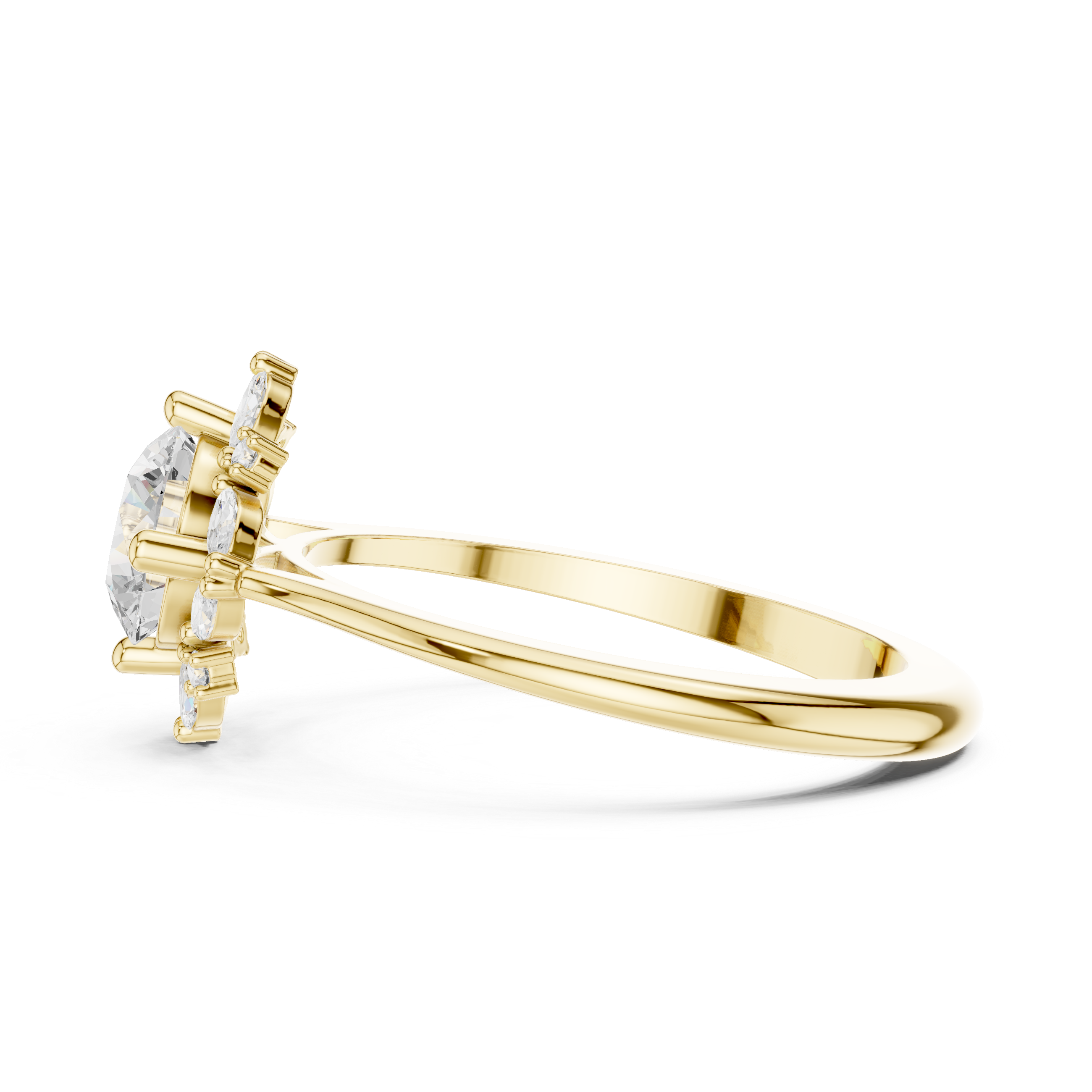 Halo cocktail ring with bold center stone.