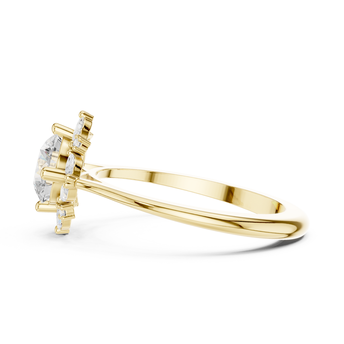 Halo cocktail ring with bold center stone.