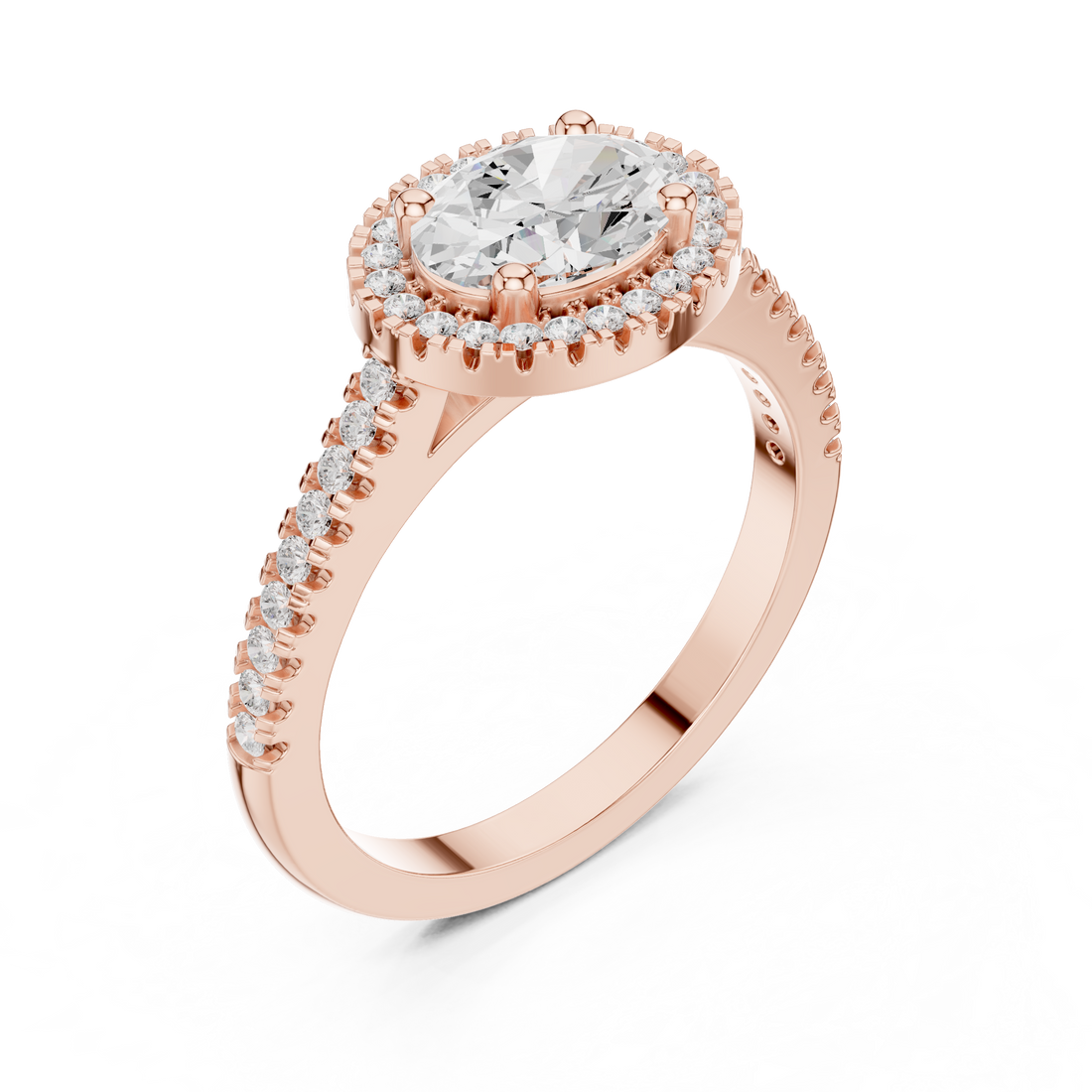 Cushion-cut engagement ring with diamond halo.