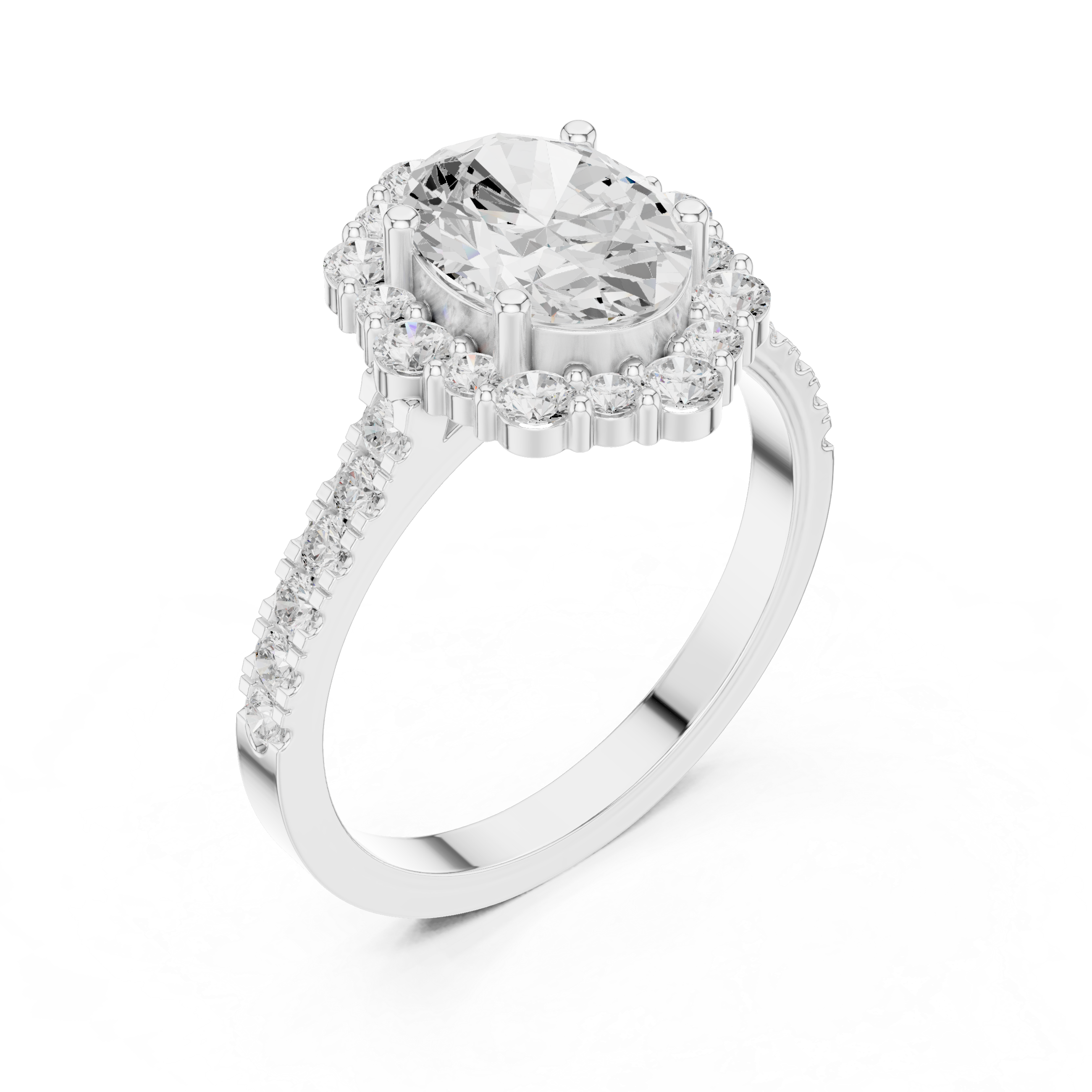 Rose gold halo ring with sparkling side stones.
