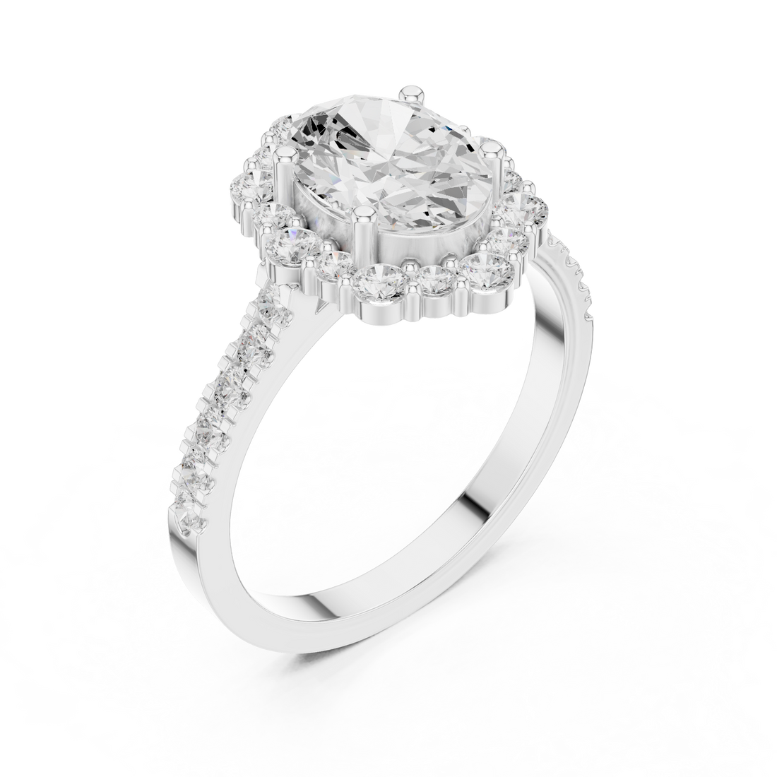 Rose gold halo ring with sparkling side stones.