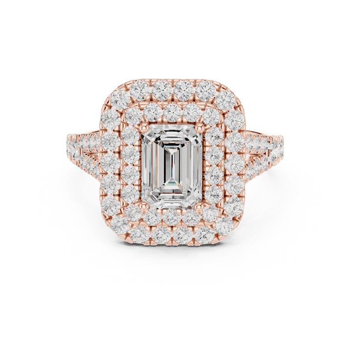Emerald Cut Center Diamond with Double Halo Pavé Ring
