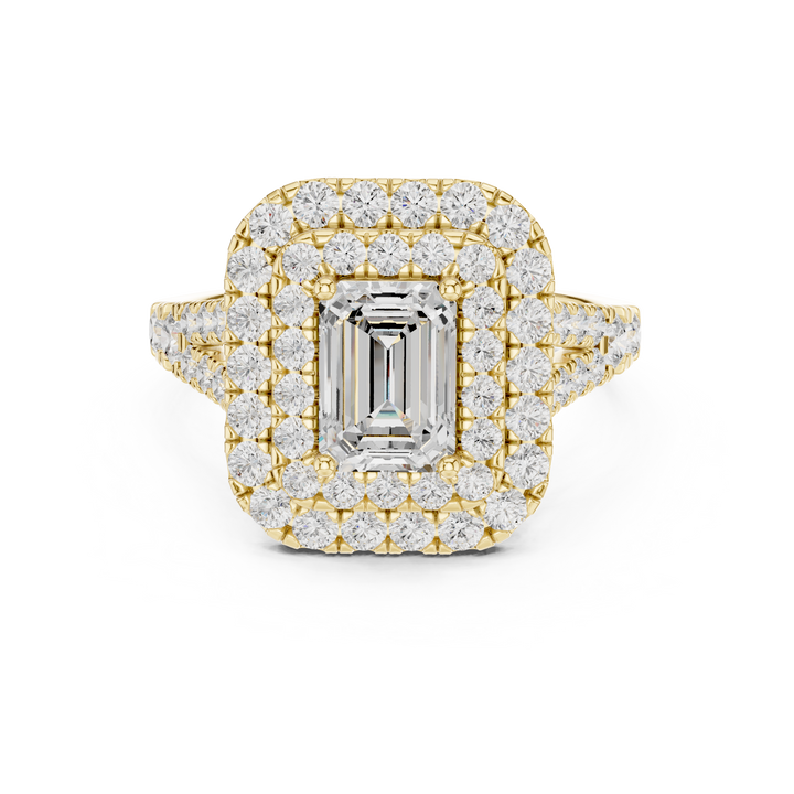 Emerald Cut Center Diamond with Double Halo Pavé Ring
