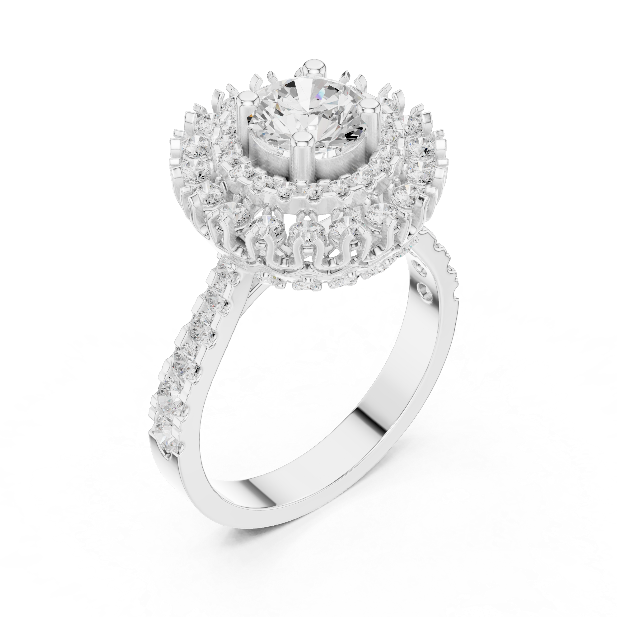 Rose gold halo ring with sparkling side stones.