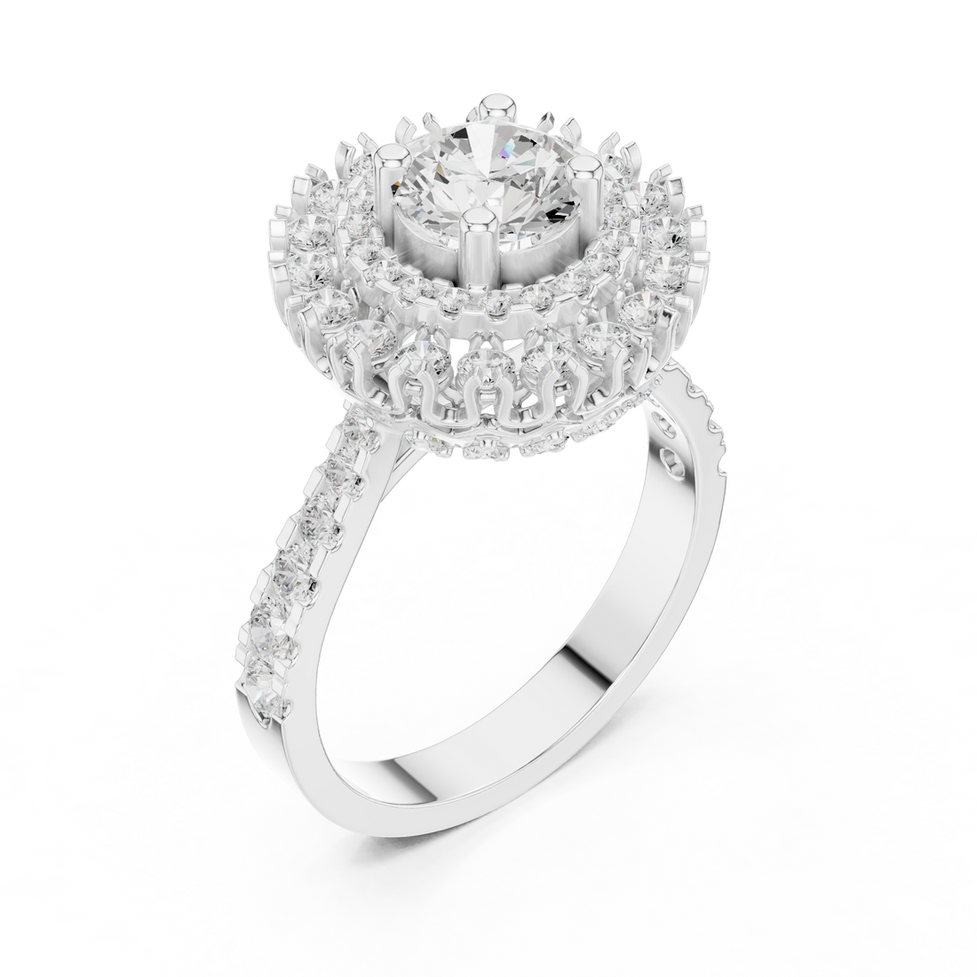 Rose gold halo ring with sparkling side stones.