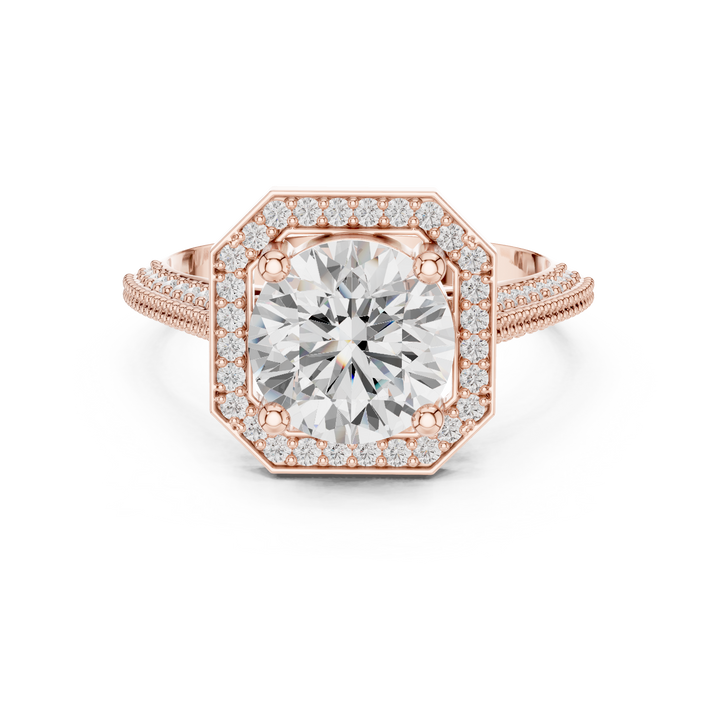 Halo cocktail ring with diamond surround.