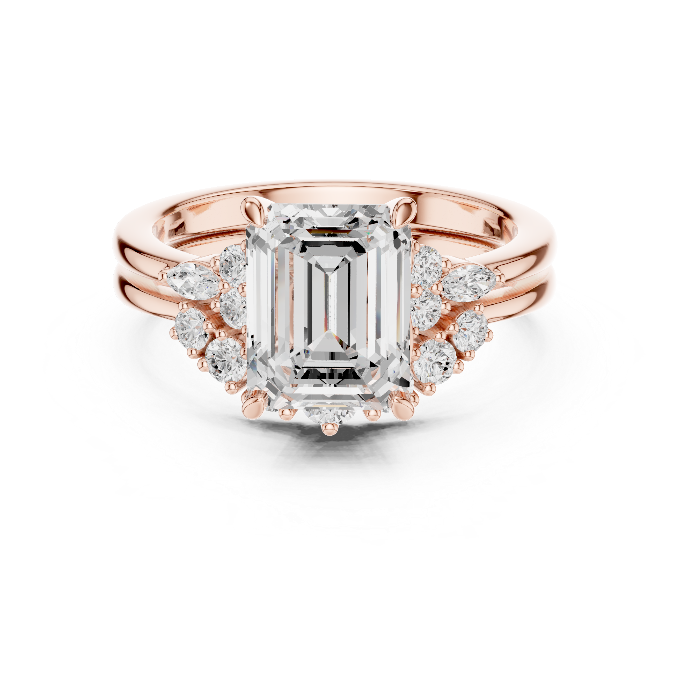 Emerald Cut Diamond Ring with Marquise and Round Side Accents