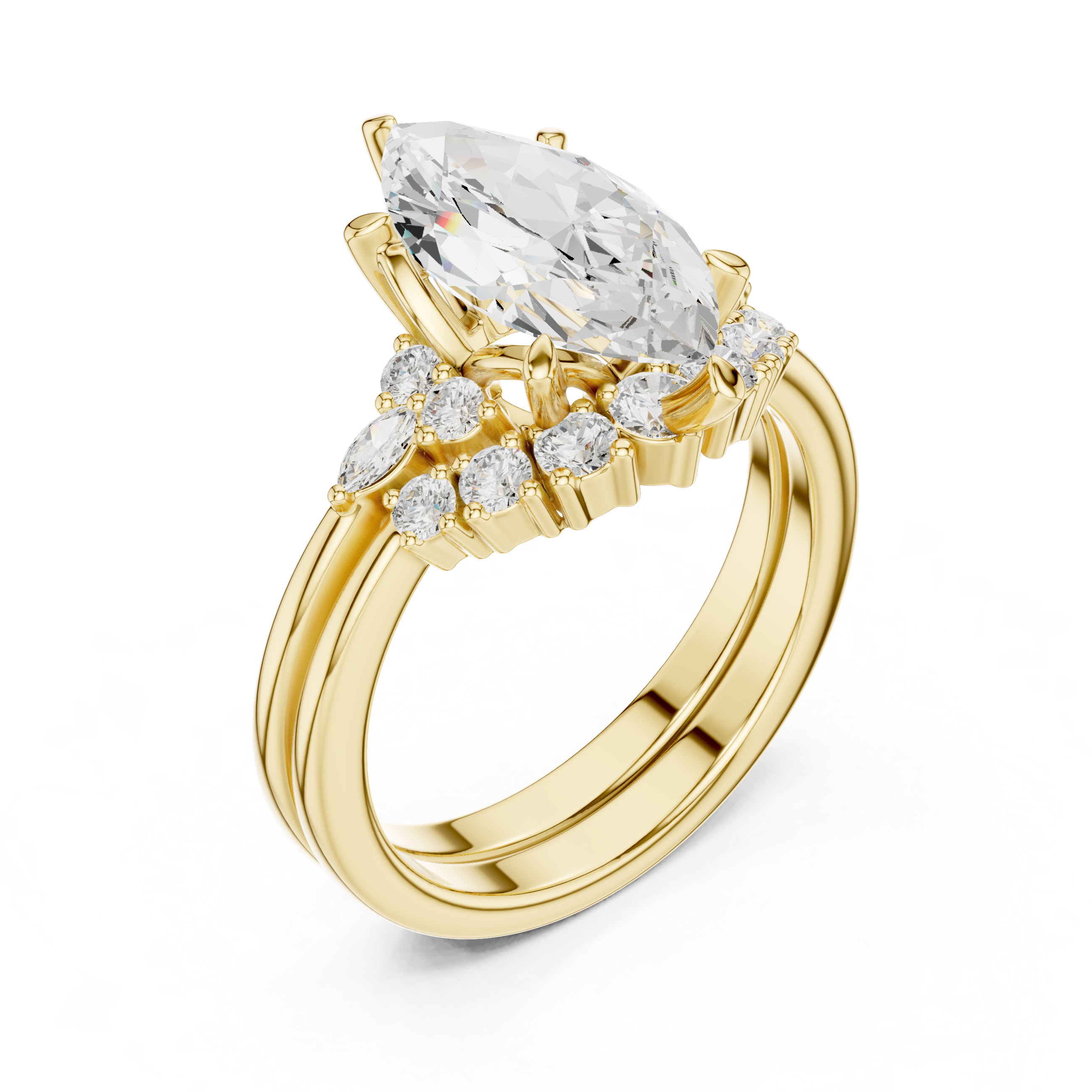 Marquise Cut Diamond Three Stone Ring with Cluster Side Diamonds