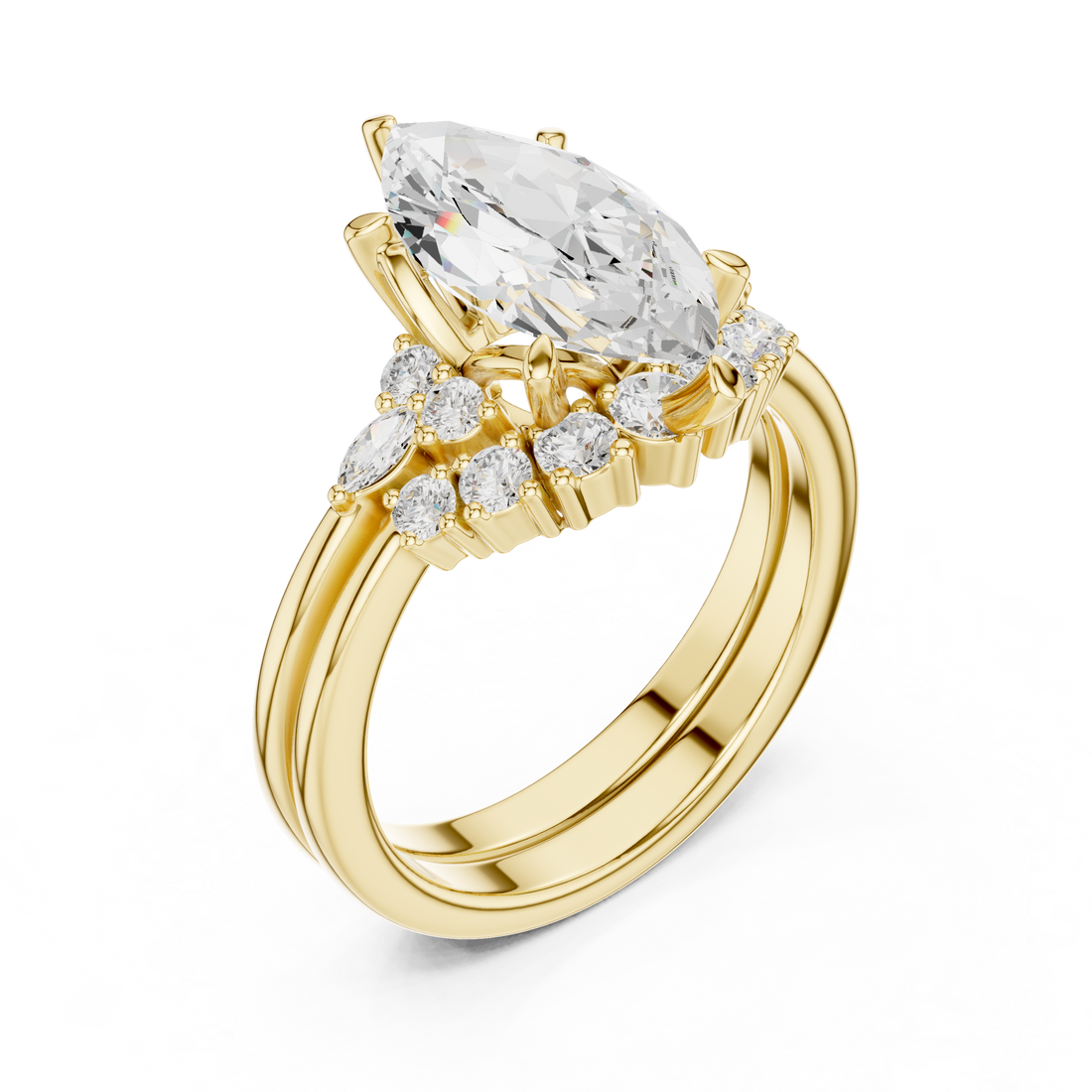 Marquise Cut Diamond Three Stone Ring with Cluster Side Diamonds