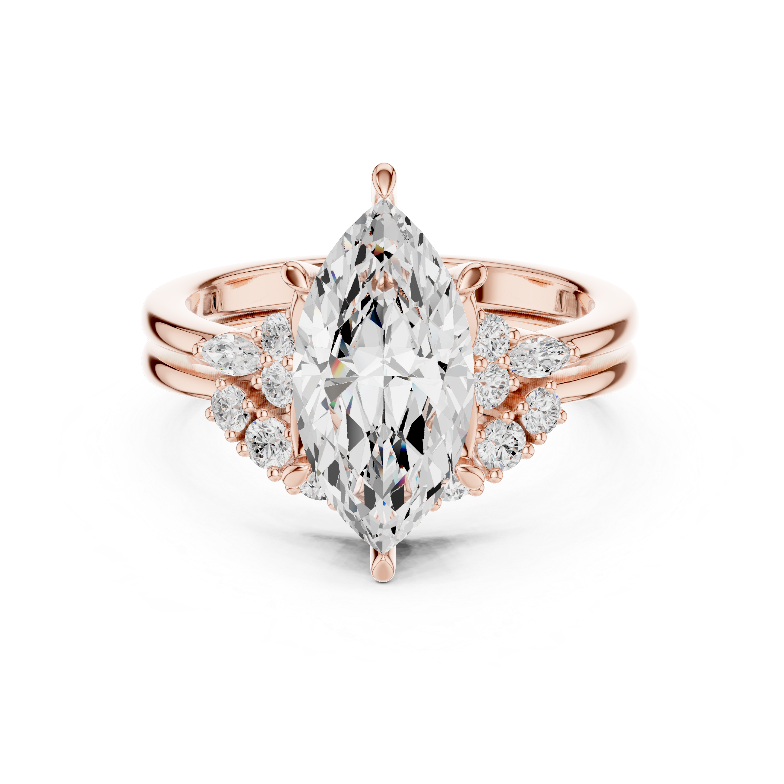 Minimalist Style Marquise Cut Diamond Three Stone Ring with Cluster Side Diamonds perfect for everyday elegant simple wear