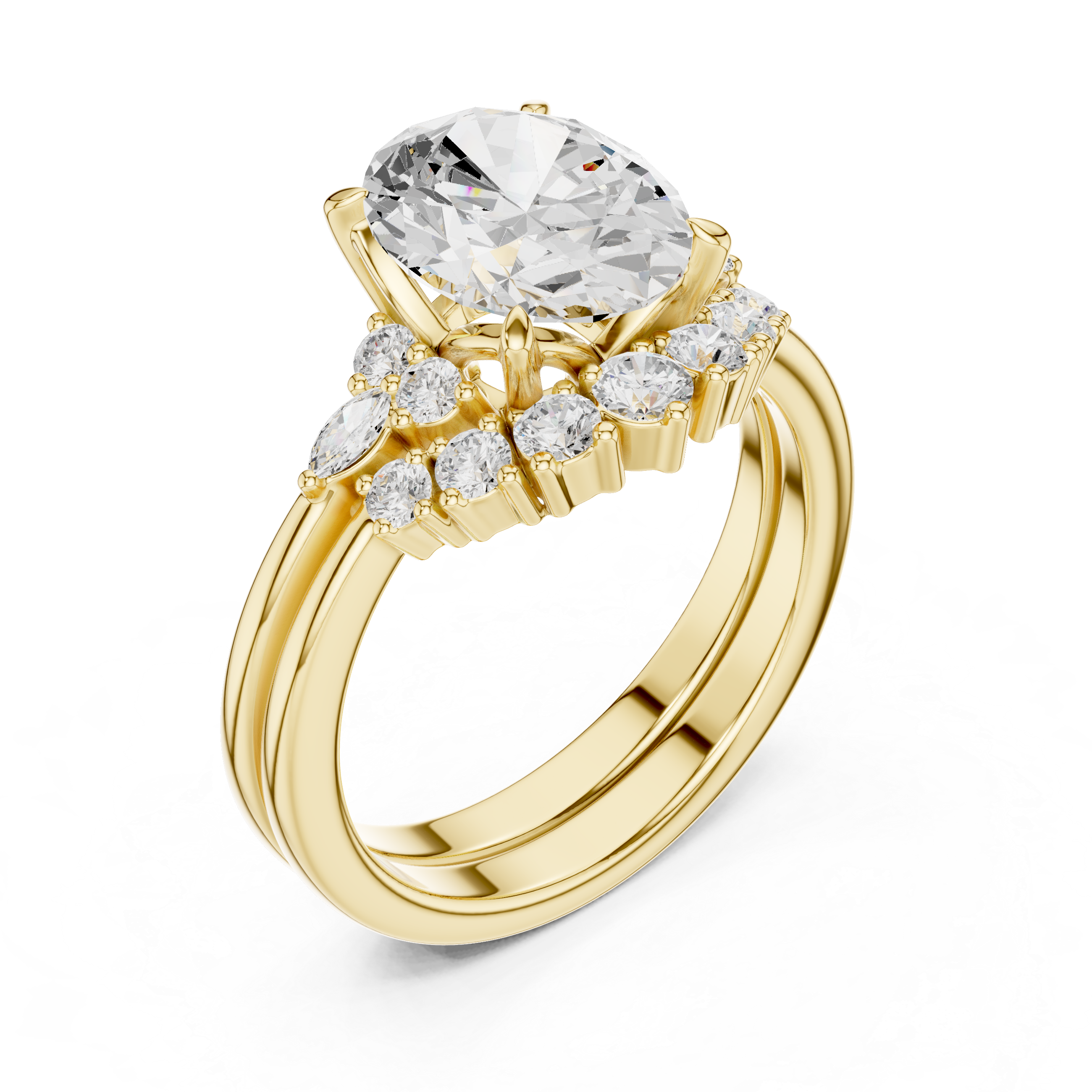 Oval Cut Diamond Halo Engagement Ring with Marquise and Round Accents