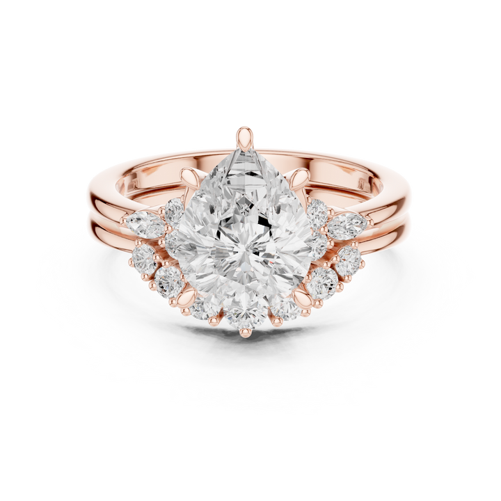 Minimalist Style Pear Cut Diamond Halo Engagement Ring with Marquise Accent perfect for everyday elegant simple wear