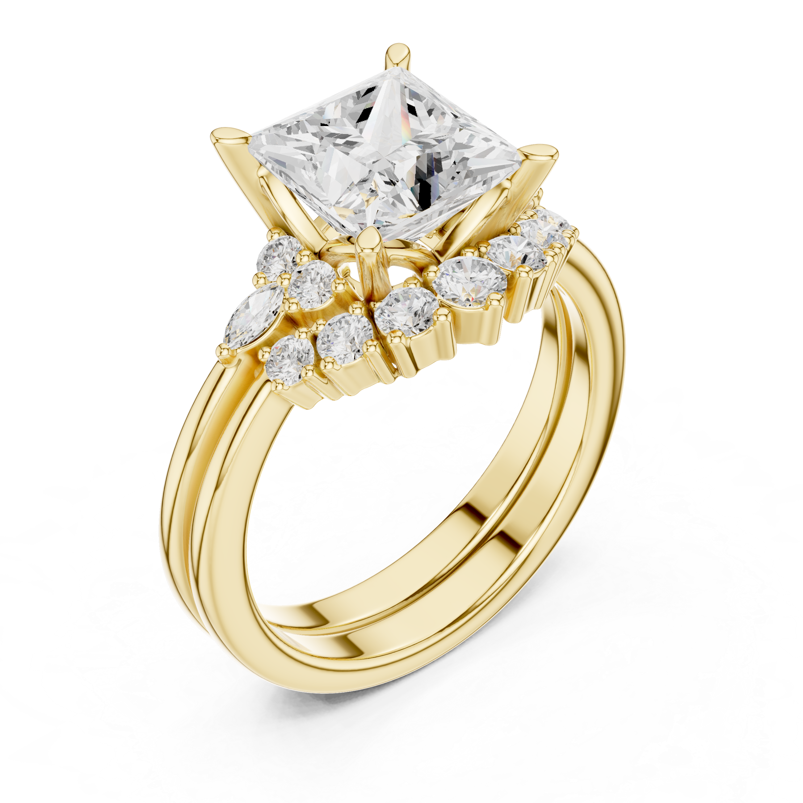 Princess Cut Diamond Ring with Marquise and Round Side Accents