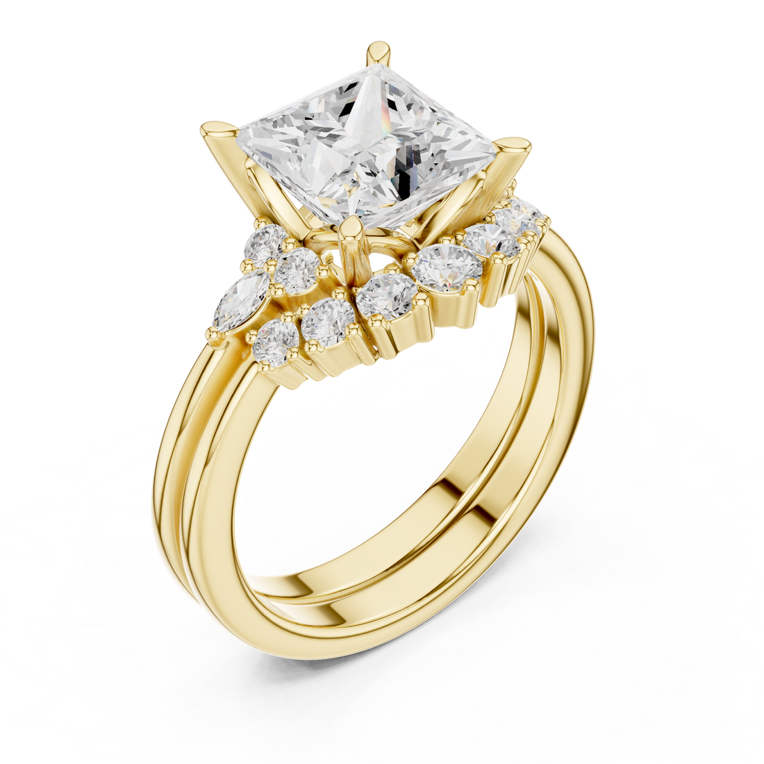 Princess Cut Diamond Ring with Marquise and Round Side Accents