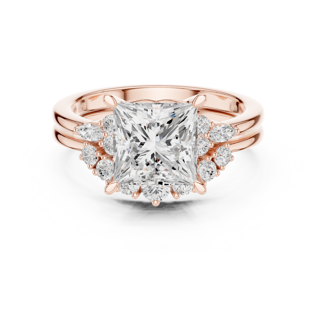 Minimalist Style Princess Cut Diamond Ring with Marquise and Round Side Accents perfect for everyday elegant simple wear
