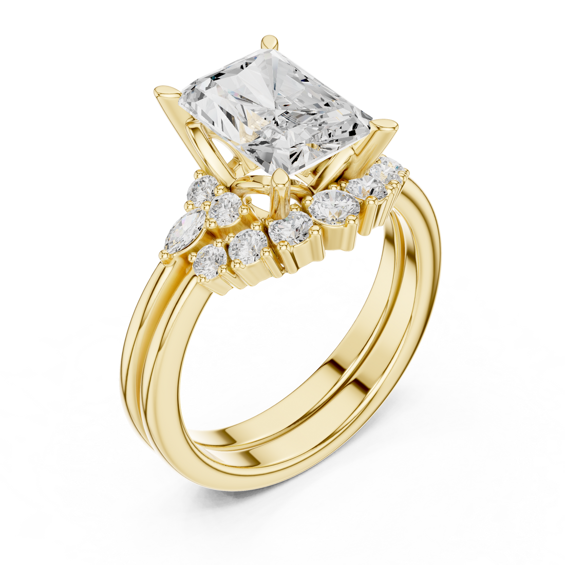 Radiant Cut Diamond Three Stone Ring with Cluster Side Diamonds