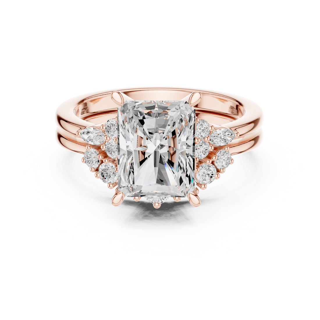 Minimalist Style Radiant Cut Diamond Three Stone Ring with Cluster Side Diamonds perfect for everyday elegant simple wear